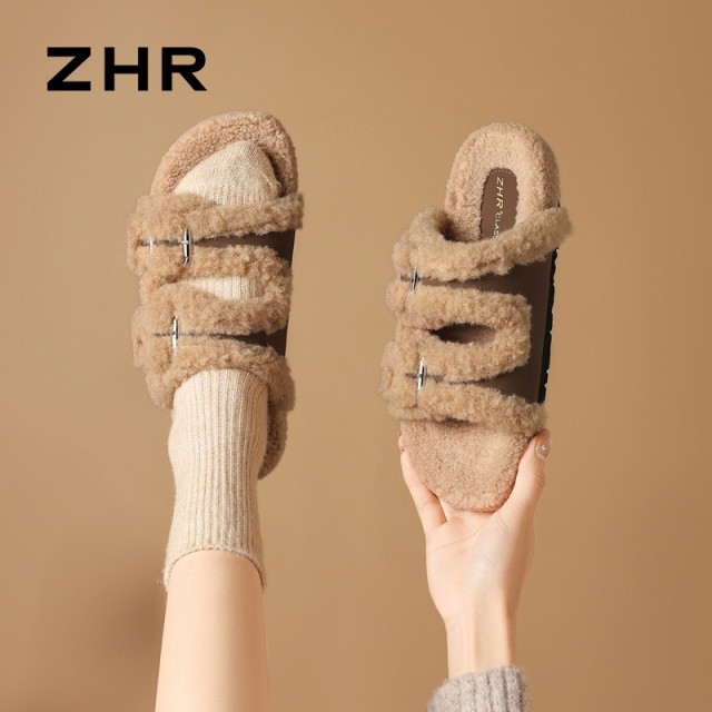 12971355.【ZHR则则】勃肯拖鞋圆头套脚平底女鞋[PU+仿羊绒]