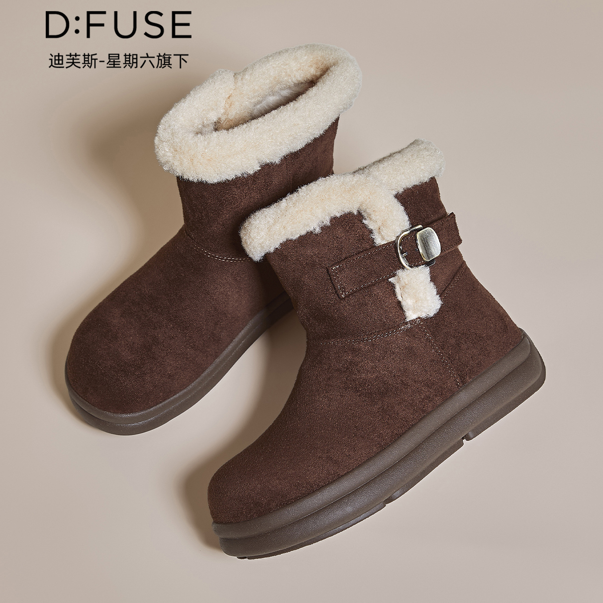12972170.【墨斯本&D:Fuse/迪芙斯联名款】新款圆头厚底加绒雪地靴时尚带扣保暖女棉靴女款DFD411668I
