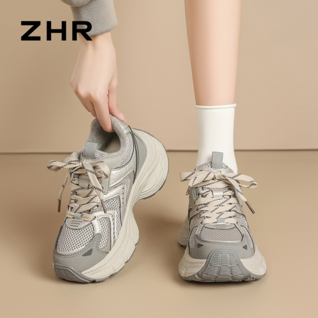 12971823.【ZHR则则】老爹鞋圆头系带厚底女鞋[PU+网布]