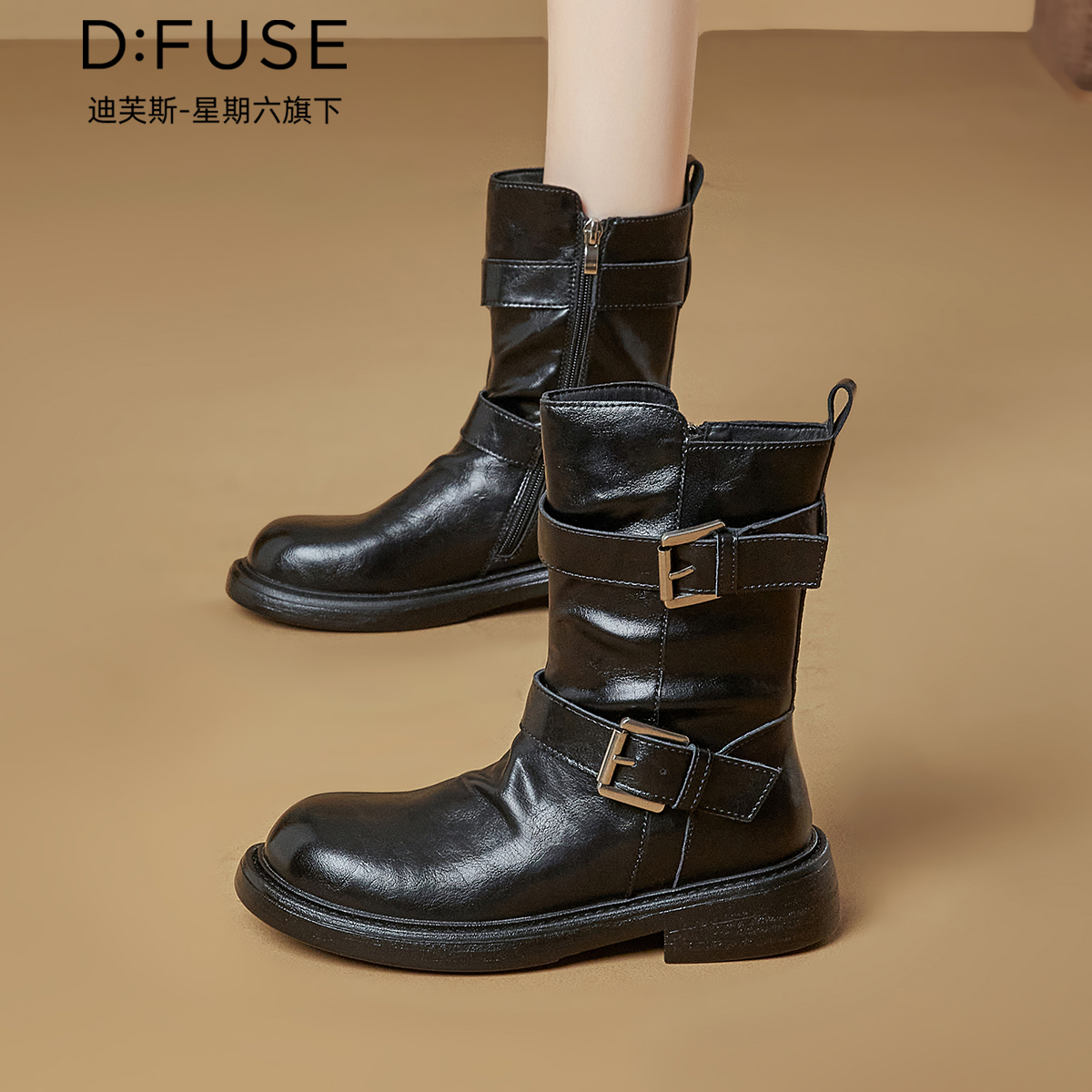 12970761.【墨斯本&D:Fuse/迪芙斯联名款】【巨好看】爆款复英伦双带扣厚底马丁靴时尚烟筒靴女靴DFD411658I