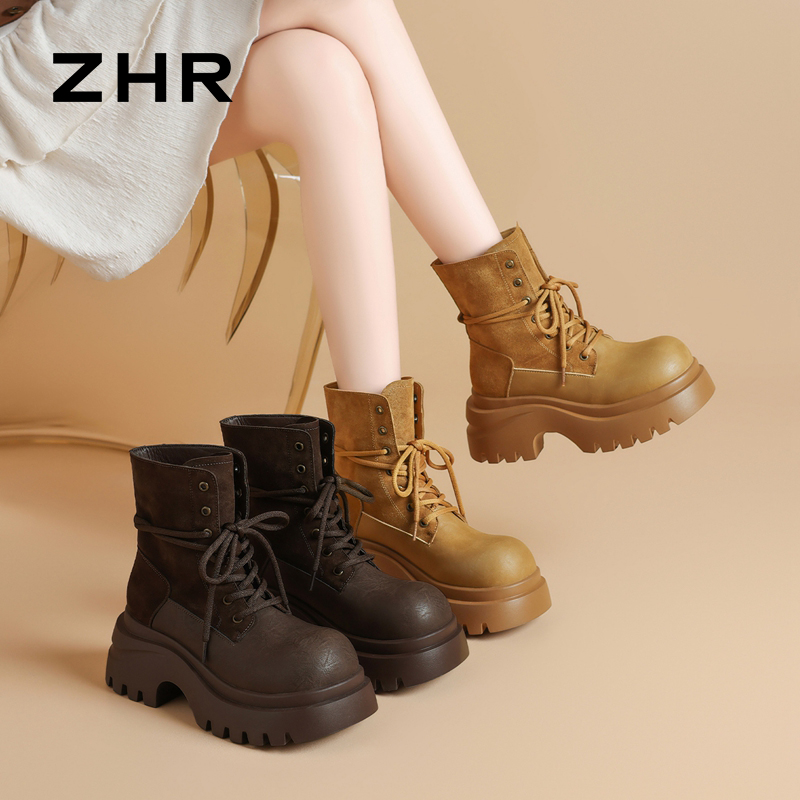 12971402.【ZHR则则】工装靴圆头系带厚底女鞋[牛纤绒+PU]