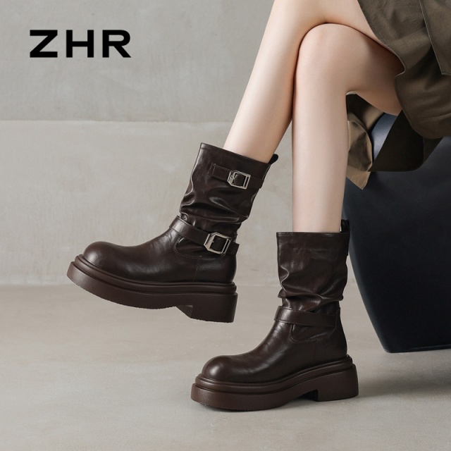 12971797.【ZHR则则】短靴圆头套脚厚底女鞋[PU]