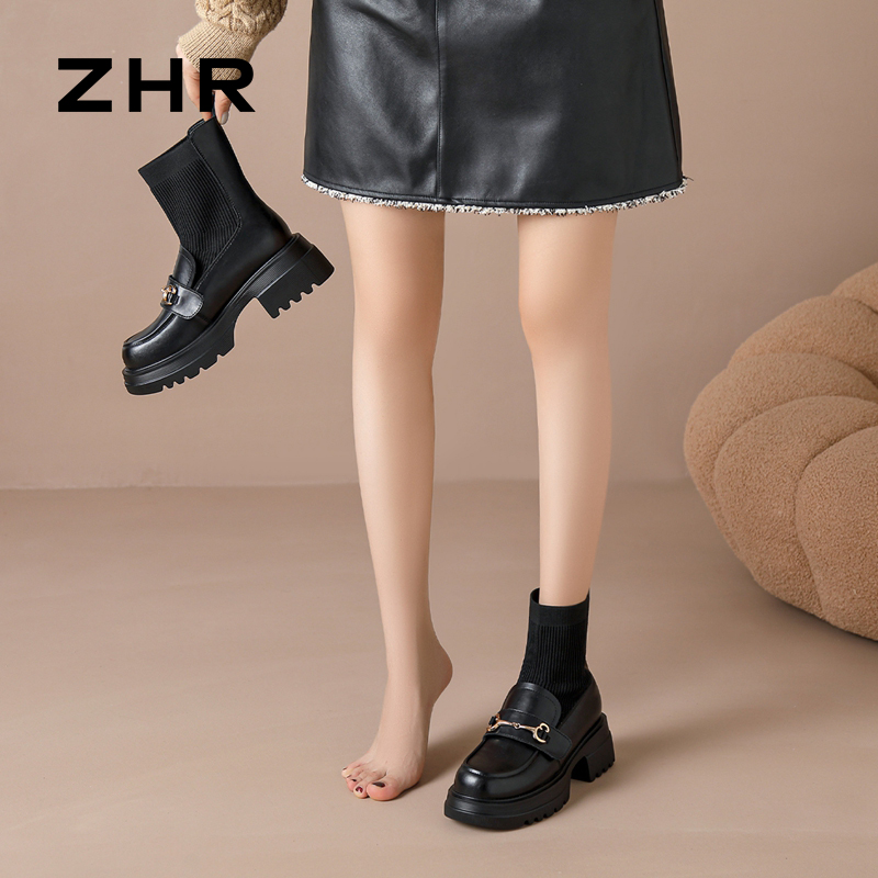 12971388.【ZHR则则】弹力靴/袜靴圆头套脚厚底女鞋[牛剖层移膜革+飞织布]