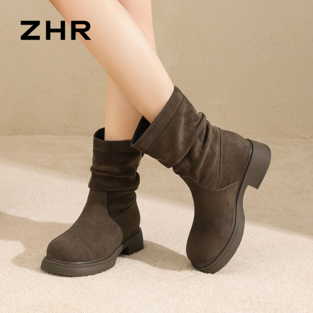 12971343.【ZHR则则】短靴圆头套脚厚底女鞋[羊京布]