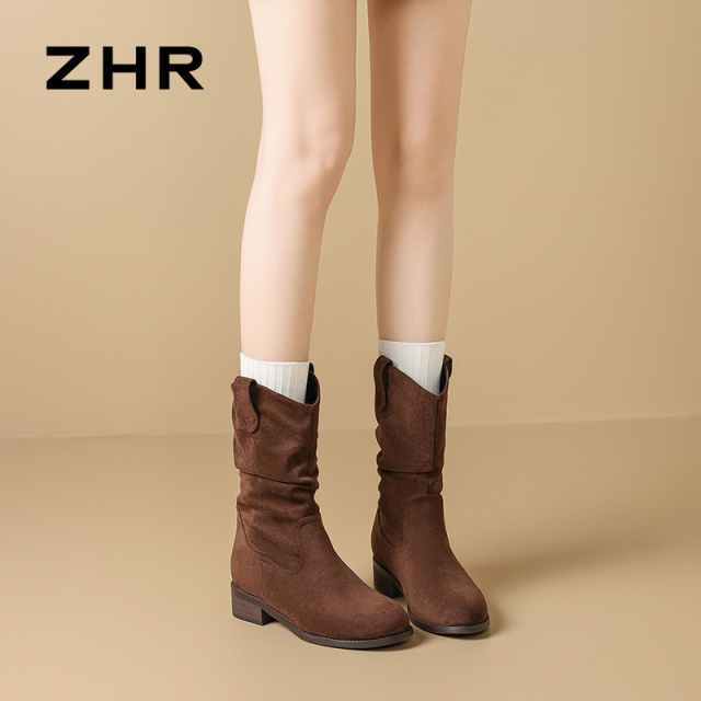 12971828.【ZHR则则】短靴圆头套脚平底女鞋[绒布]