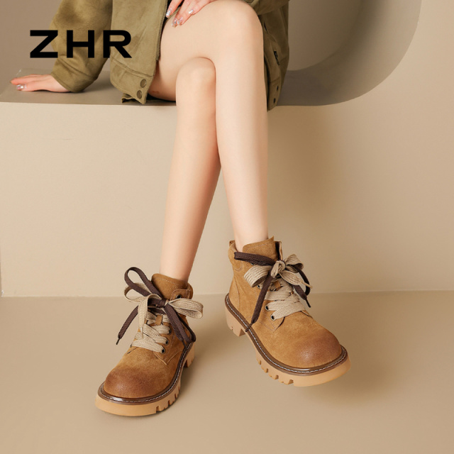 12971390.【ZHR则则】工装靴圆头系带厚底女鞋[牛纤绒]