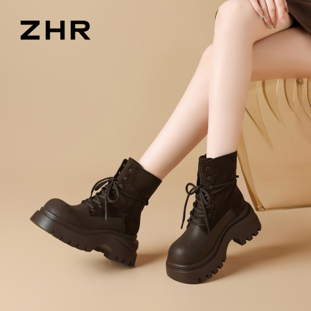12971402.【ZHR则则】工装靴圆头系带厚底女鞋[牛纤绒+PU]