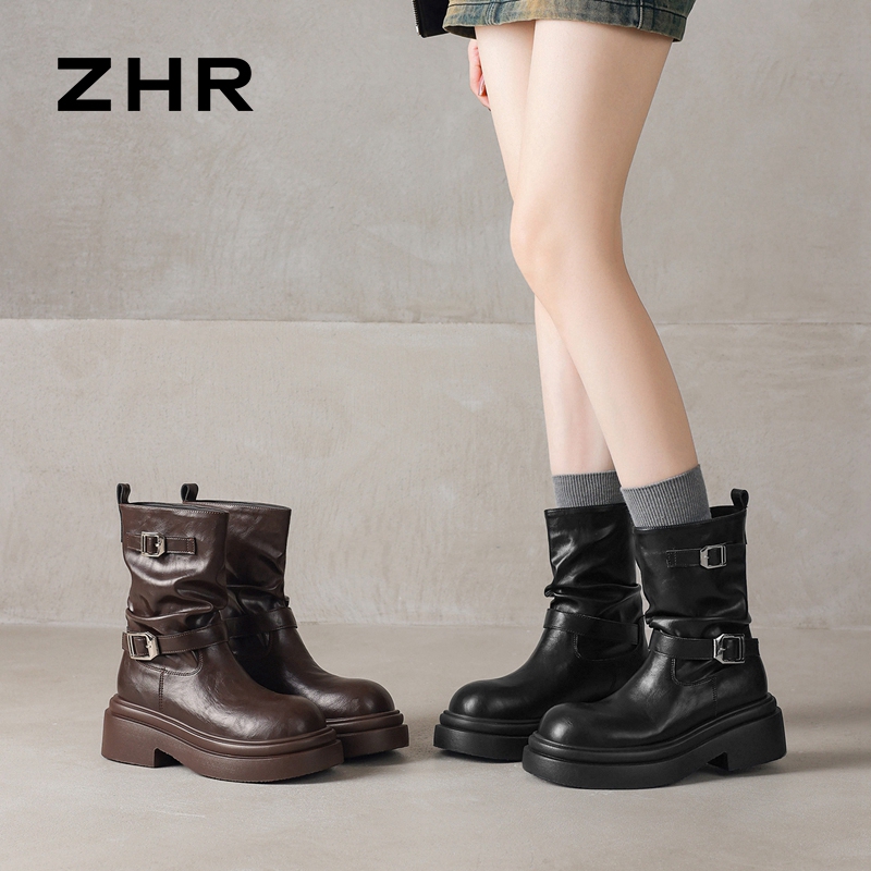 12971797.【ZHR则则】短靴圆头套脚厚底女鞋[PU]