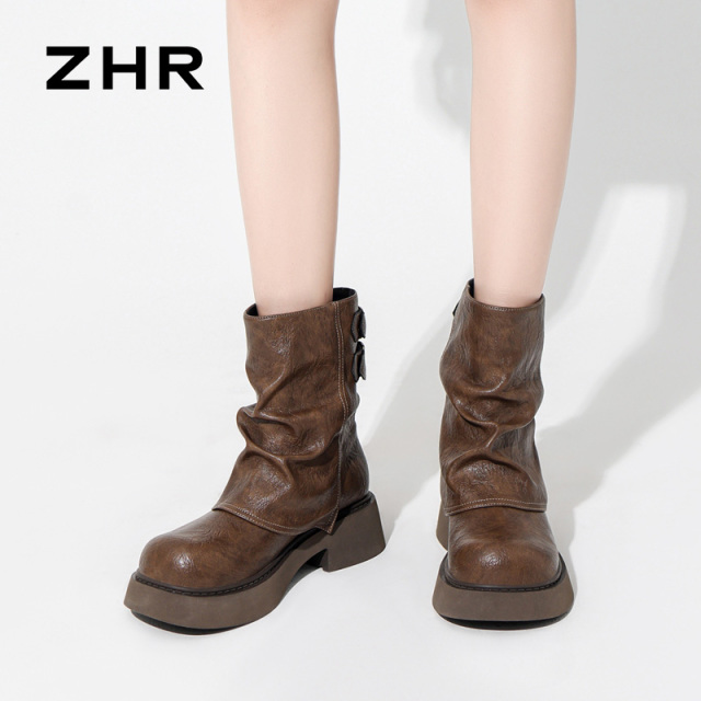 12971800.【ZHR则则】短靴圆头套脚厚底女鞋[PU]