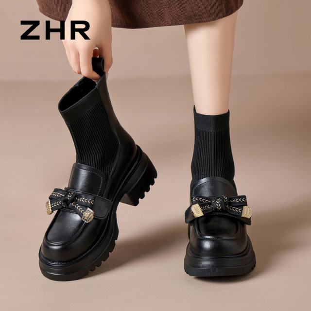 12971388.【ZHR则则】弹力靴/袜靴圆头套脚厚底女鞋[牛剖层移膜革+飞织布]
