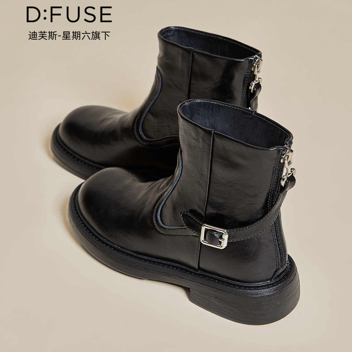 12970763.【墨斯本&D：Fuse/迪芙斯联名款】新款复古时装靴英伦风厚底粗跟显瘦切尔西女短筒靴女款DFD411656I