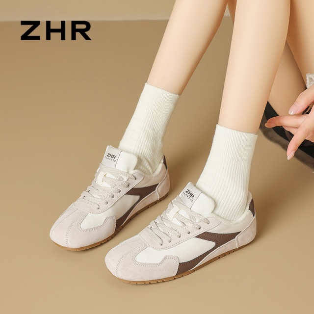 12971433.【ZHR则则】德训鞋圆头系带平底女鞋[头层猪皮+牛津布+超纤]