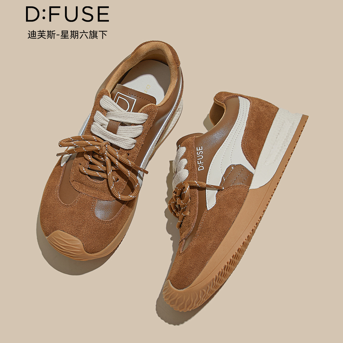 12970756.【墨斯本&D:Fuse/迪芙斯联名款】潮款双系带新款时尚复古丑萌德训鞋百搭户外休闲女跑鞋女款DFD411288I