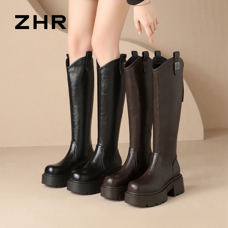 12971434.【ZHR则则】长筒靴圆头后拉链厚底女鞋[PU]