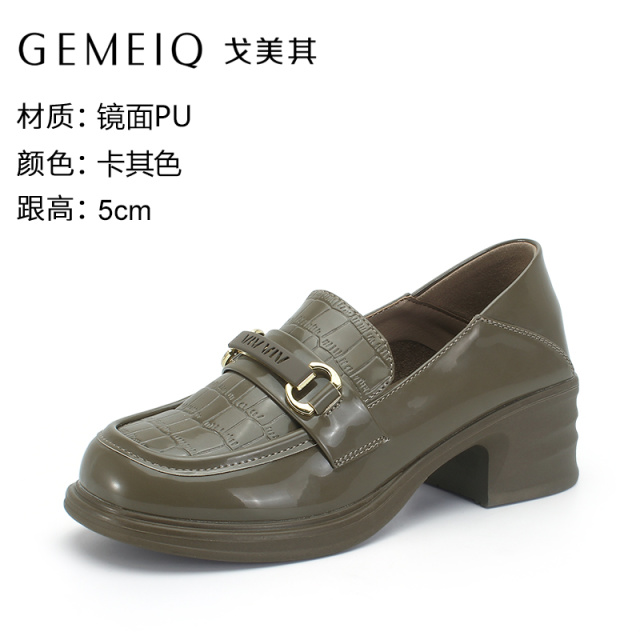 12985032.戈美其英伦风真皮乐福鞋女粗跟浅口单鞋金属扣漆皮小皮鞋舒适女鞋