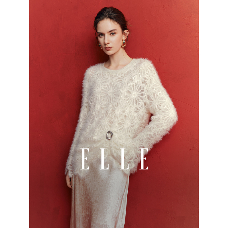 12981449.ELLE【新春翻红】优雅气质镂空花纹设计女式衬衫