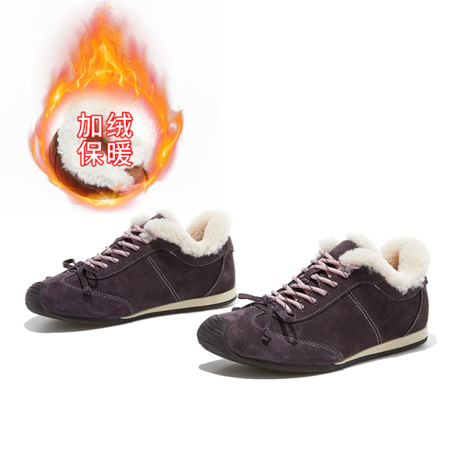 12981918.墨斯本新款羊毛真皮阿甘鞋女平底运动德训鞋休闲舒适百搭加绒保暖鞋子女款12520