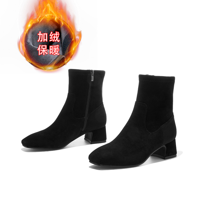 12981920.墨斯本粗跟短靴女新款加绒马丁靴女方头袜靴时装百搭舒适弹力靴子女款12519