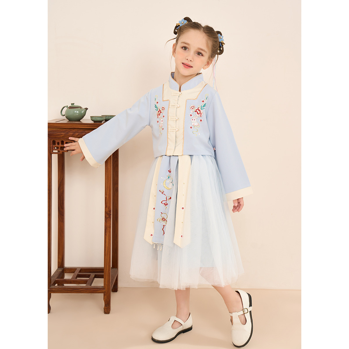 12986055.【明制国风刺绣汉服套装】儿童古装春季女童改良中国风长袖两件套