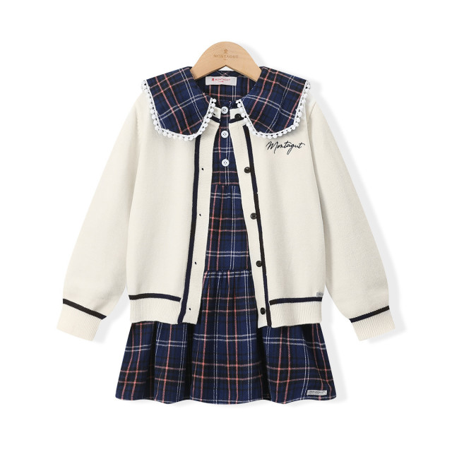 12985983.【针织开衫格子连衣裙套装】儿童2025年春秋学院风女童两件套