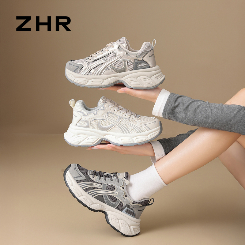 12993793.【ZHR则则】老爹鞋圆头系带厚底女鞋[PU+网布]