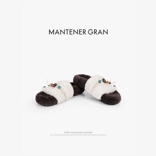 12992869.MG.毛毛鞋Mantener Gran羊毛保暖舒适厚底一字毛毛鞋拖鞋女复古棉拖外穿
