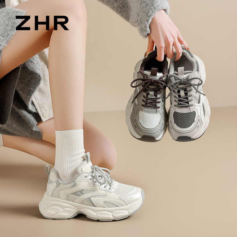 12993796.【ZHR则则】老爹鞋圆头系带厚底女鞋[PU+网布]