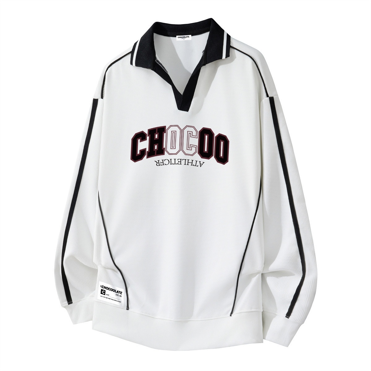 13707652.CHOCOOLATE宽松POLO领撞色条纹LOGO情侣装卫衣