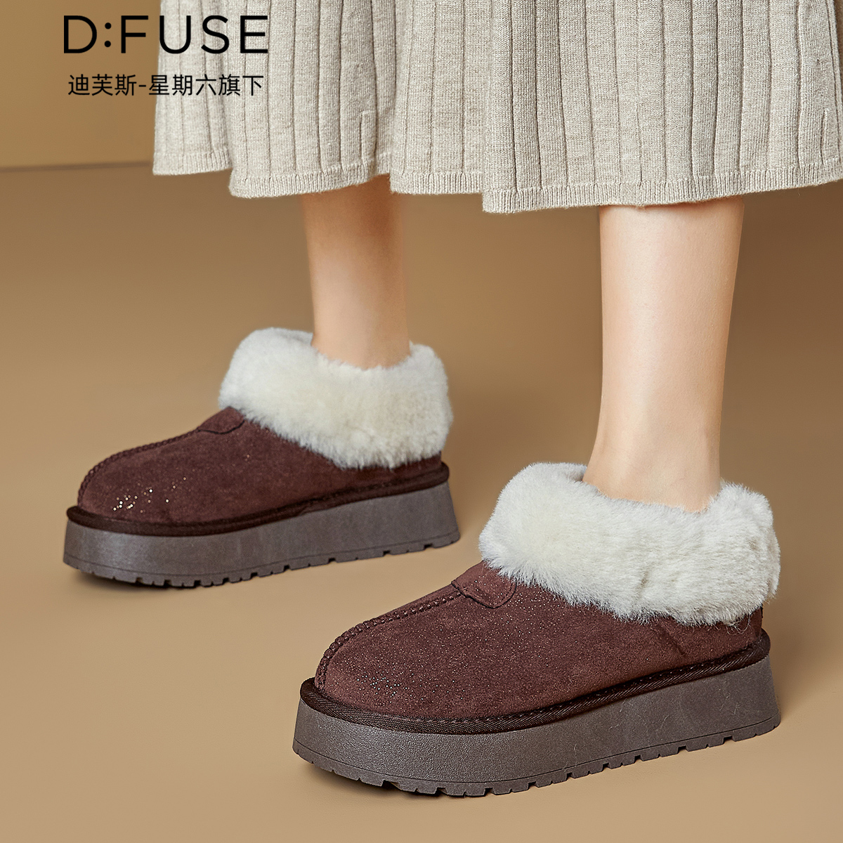 12996021.【墨斯本&D：Fuse/迪芙斯联名款】【毛茸茸】时尚复古勃肯厚底雪地靴绒里保暖女舒适短靴DFD411680I