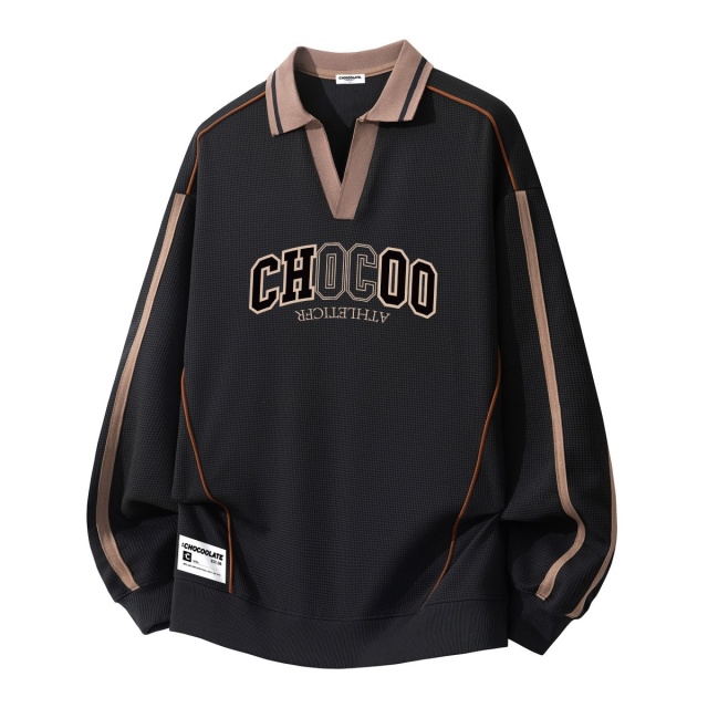 13707652.CHOCOOLATE宽松POLO领撞色条纹LOGO情侣装卫衣
