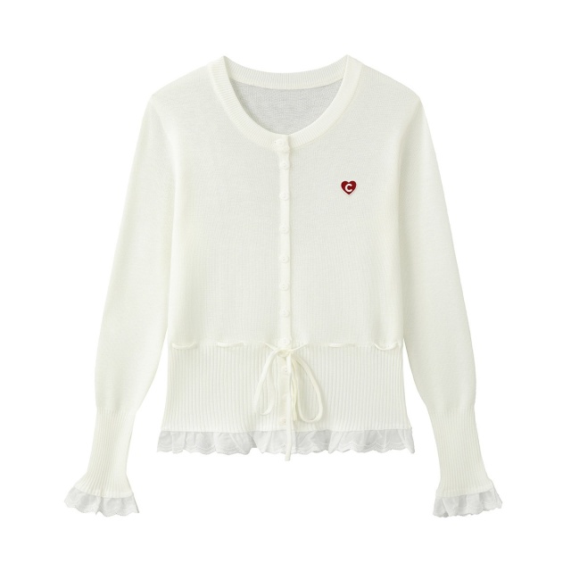 13706972.CHOCOOLATE花边拼接圆领长袖针织衫小清新女上衣