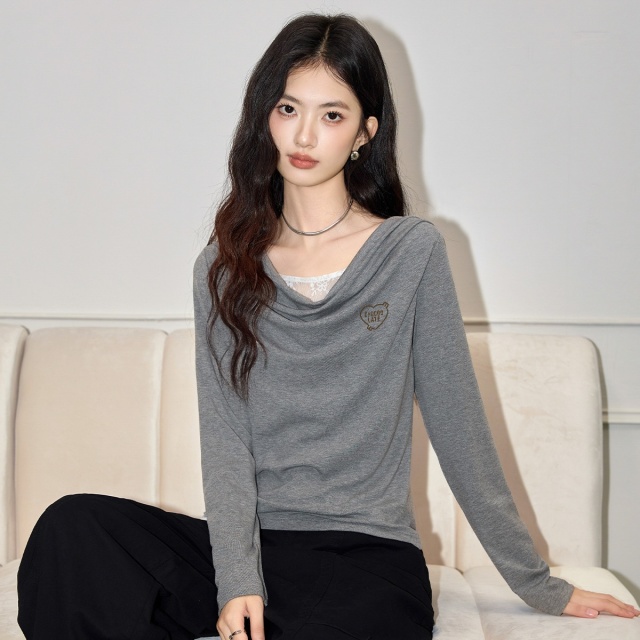 13707156.CHOCOOLATE蕾丝拼接假两件荡领长袖t恤纯欲辣妹装