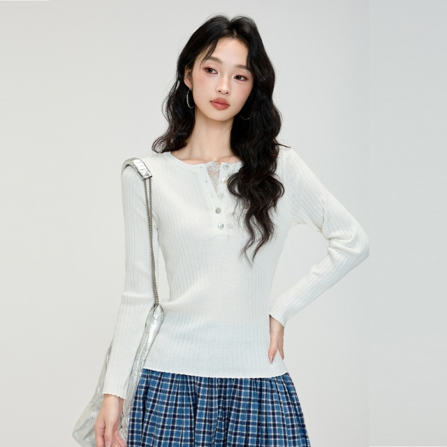 13706958.CHOCOOLATE刺绣长袖针织衫简约百搭内搭打底衫女