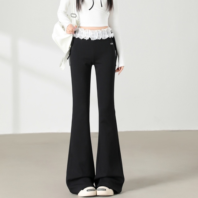 13707239.CHOCOOLATE花边拼接微喇休闲裤甜美少女弹力瑜伽裤