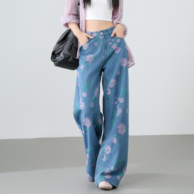 13707598.CHOCOOLATE重工刺绣花卉牛仔裤春夏设计感宽松阔腿长裤