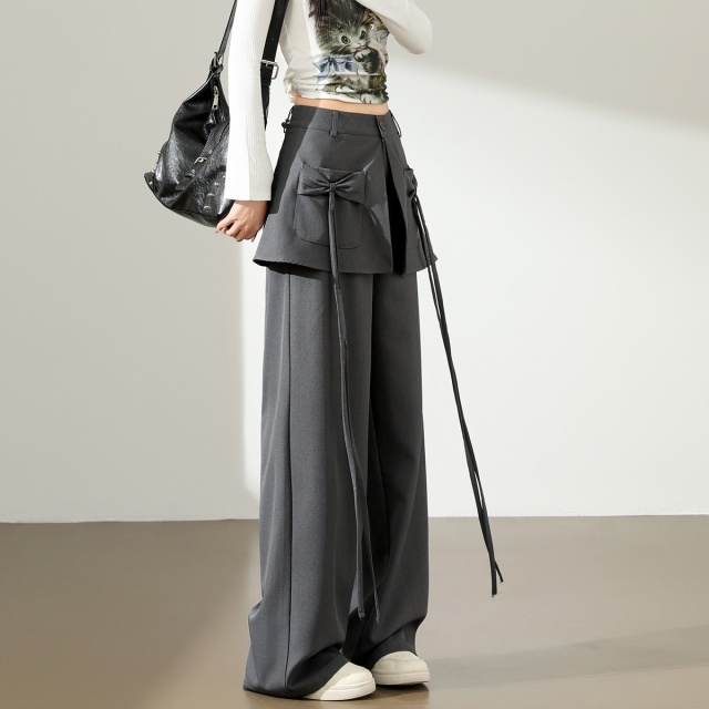 13707255.CHOCOOLATE拼接假两件蝴蝶结高腰休闲裤款阔腿长裤