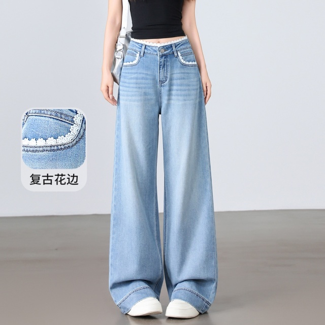 13708456.CHOCOOLATE花边装饰水洗牛仔裤春夏宽松阔腿垂感长裤子