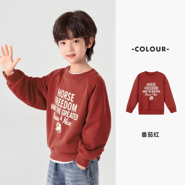 13311613.男童拜年服春秋款休闲运动圆领打底小马印花儿童春节红色内搭长袖