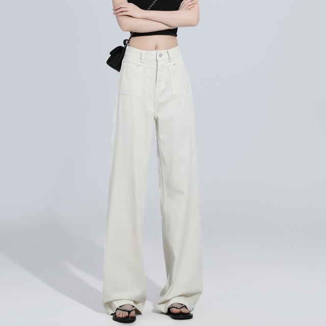 13707803.b+ab女装高腰牛仔裤甜美风宽松阔腿裤极简风垂感长裤