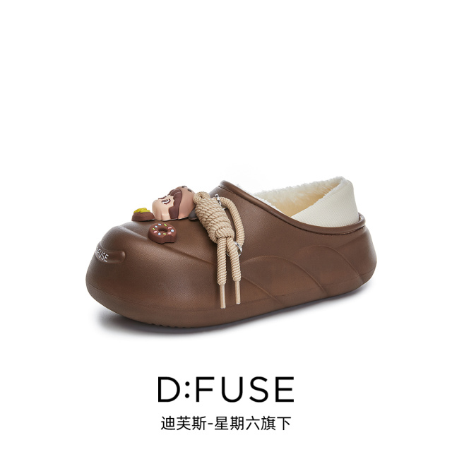 13002705.【墨斯本&D：Fuse/迪芙斯联名款】爆款可爱女孩厚底包跟女款棉拖鞋保暖毛绒可外穿拖鞋DFD111029I