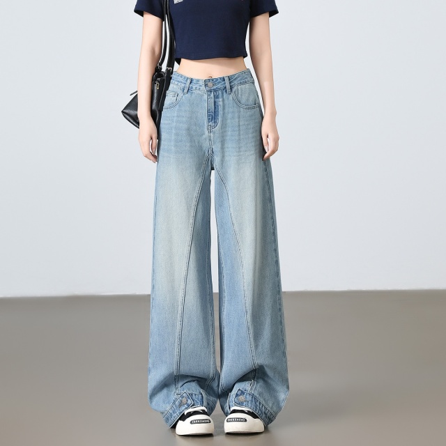 13708715.CHOCOOLATE美式复古高腰牛仔裤春夏季阔腿拖地长裤女
