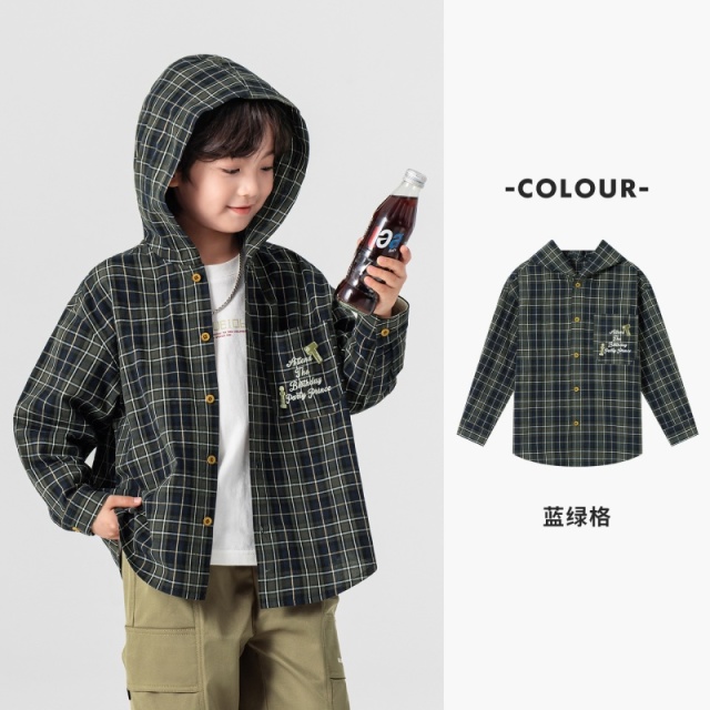 13311159.儿童2026春新款格纹连帽衬衫式外套男童开衫衬衣中大童时髦上衣潮