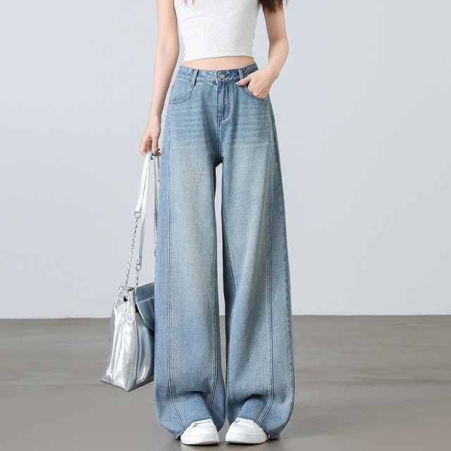13710250.CHOCOOLATE美式高腰牛仔裤春夏季阔腿小个子拖地长裤