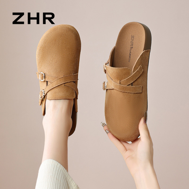 13007888.【ZHR则则】勃肯拖鞋圆头套脚平底女鞋[牛剖层绒面革]
