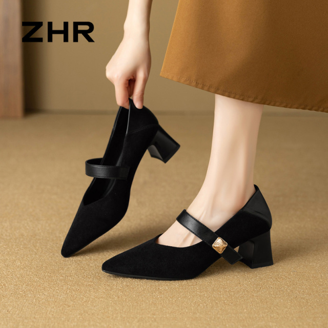 13007966.【ZHR则则】玛丽珍鞋尖头魔术贴粗跟女鞋[绒布+PU]
