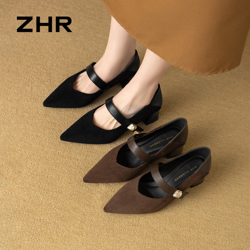 13007966.【ZHR则则】玛丽珍鞋尖头魔术贴粗跟女鞋[绒布+PU]