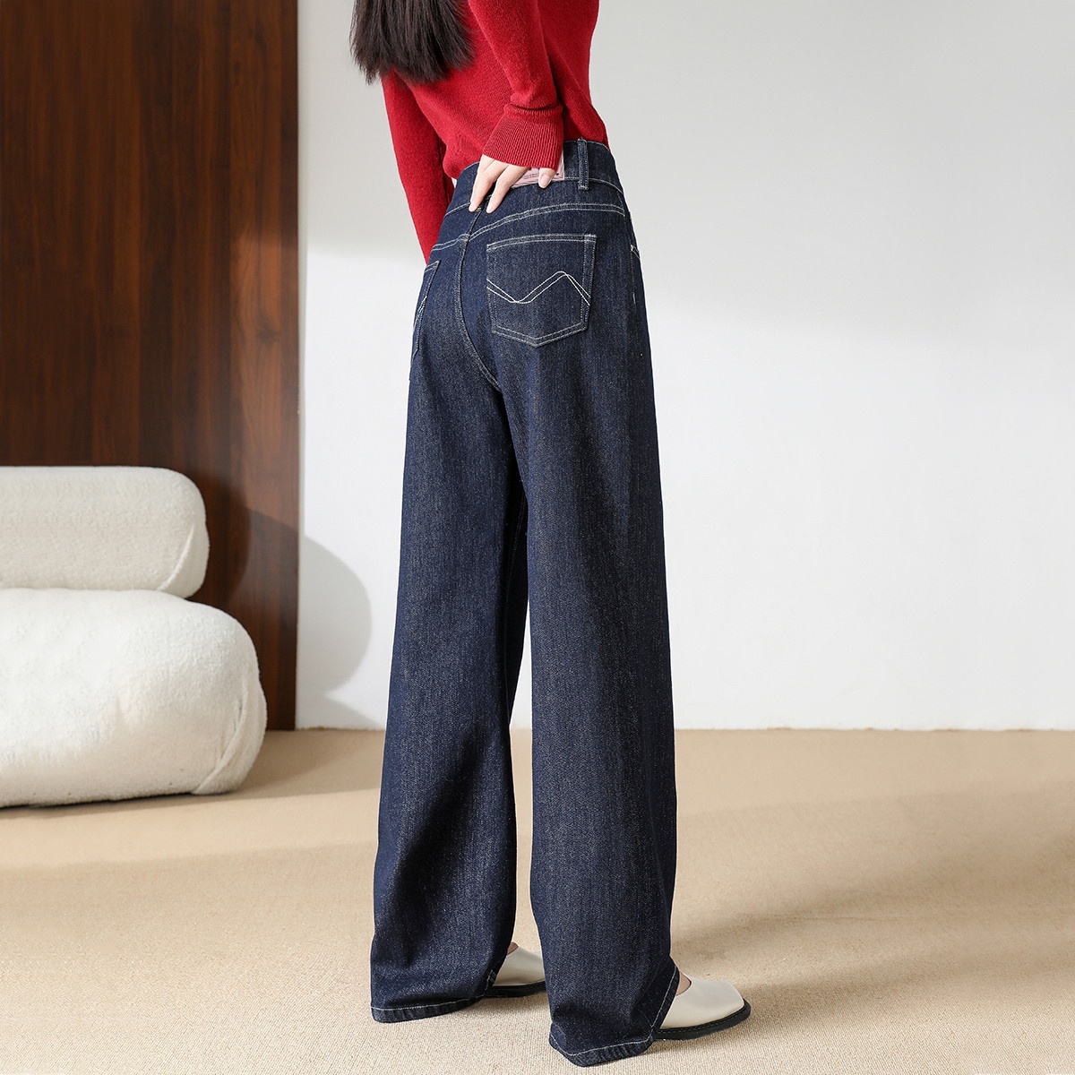 13710568.CHOCOOLATE高腰牛仔裤女春夏季双扣设计宽松阔腿长裤
