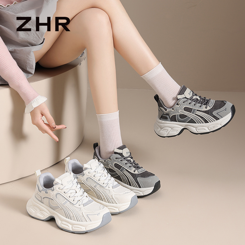 13835959.【ZHR则则】老爹鞋圆头系带拼接厚底女鞋[PU+网布]