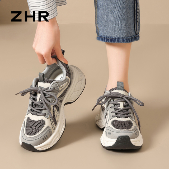 13008437.【ZHR则则】老爹鞋圆头系带厚底女鞋[PU+网布]