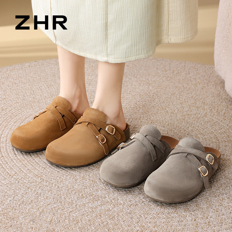 13007888.【ZHR则则】勃肯拖鞋圆头套脚平底女鞋[牛剖层绒面革]